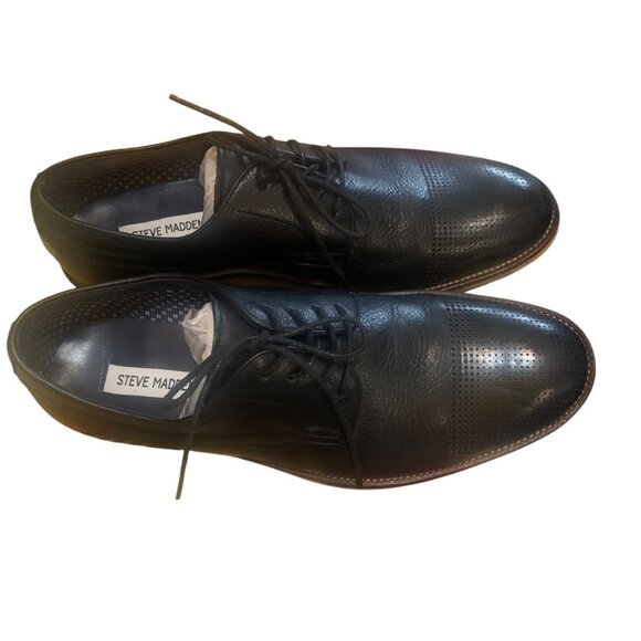 Steve Madden Mens Black Leather Oxfords With Perforated Toe Detail Sz 9.5 - Picture 5 of 9